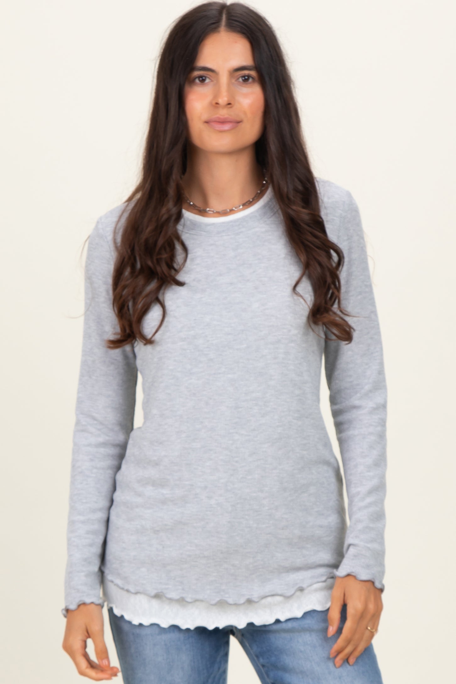 Heather Grey/White Ribbed Long Sleeve Maternity Twofer Top