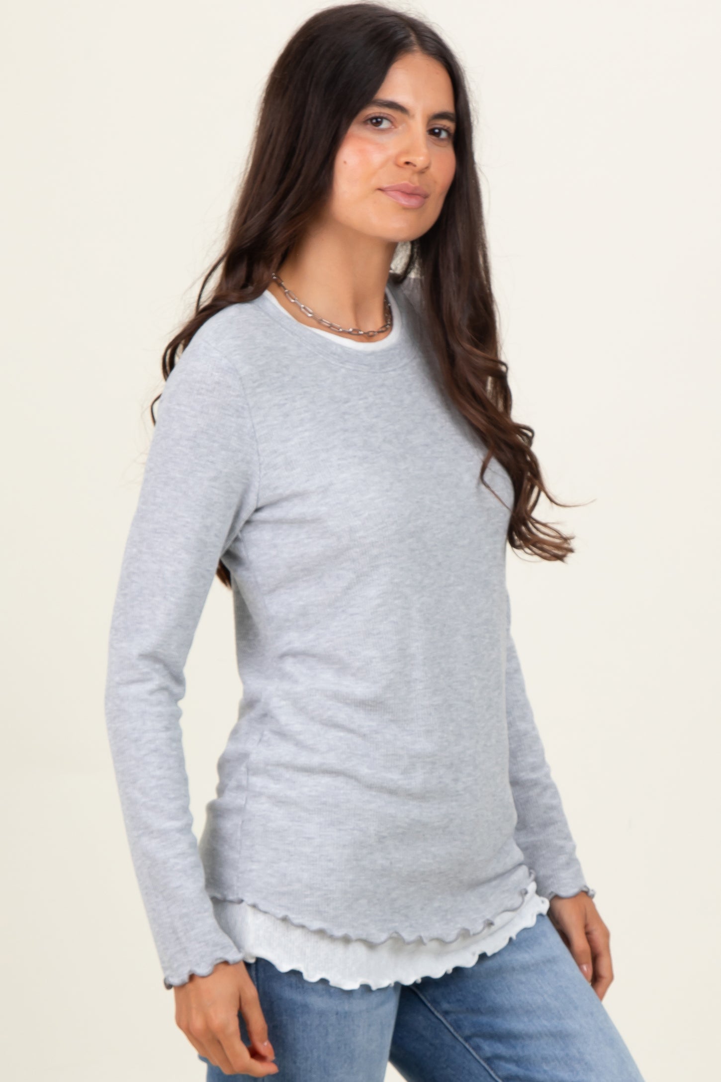 Heather Grey/White Ribbed Long Sleeve Twofer Top