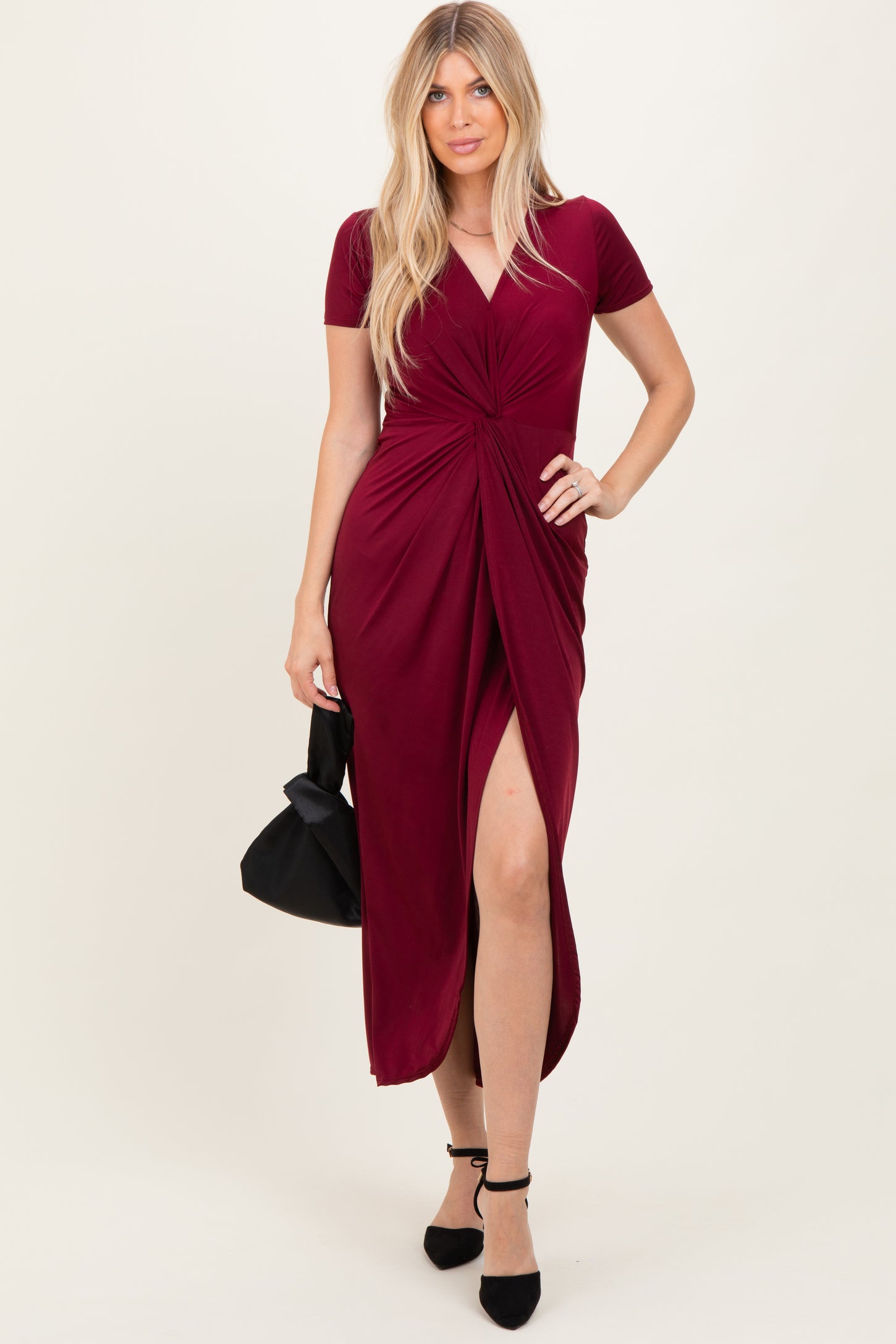 Burgundy Gathered Front Short Sleeve Maternity Maxi Dress Burgundy Gathered Front Short Sleeve Maternity Maxi Dress