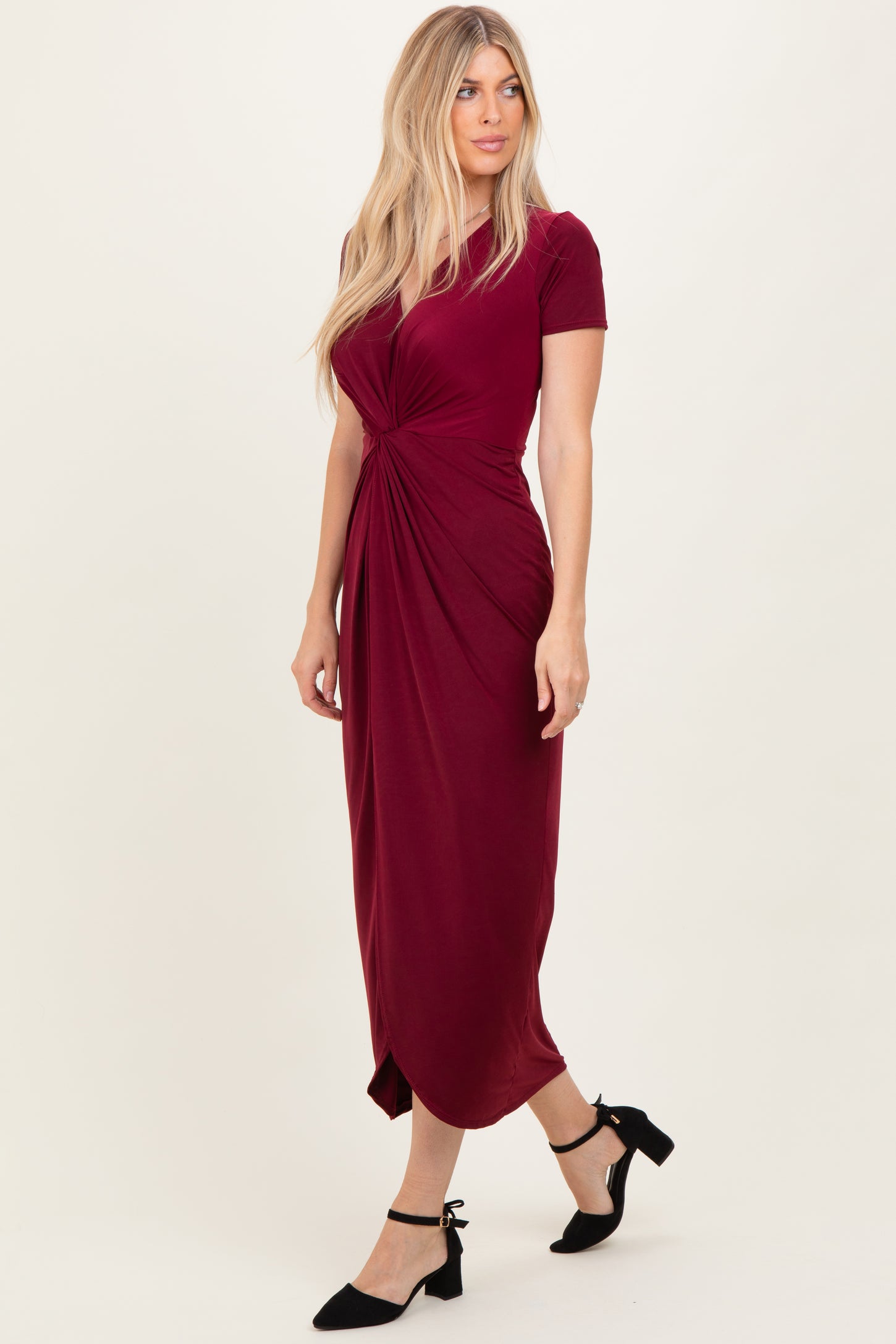 Burgundy Gathered Front Short Sleeve Maxi Dress – PinkBlush
