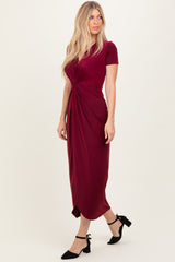 Burgundy Gathered Front Short Sleeve Maxi Dress