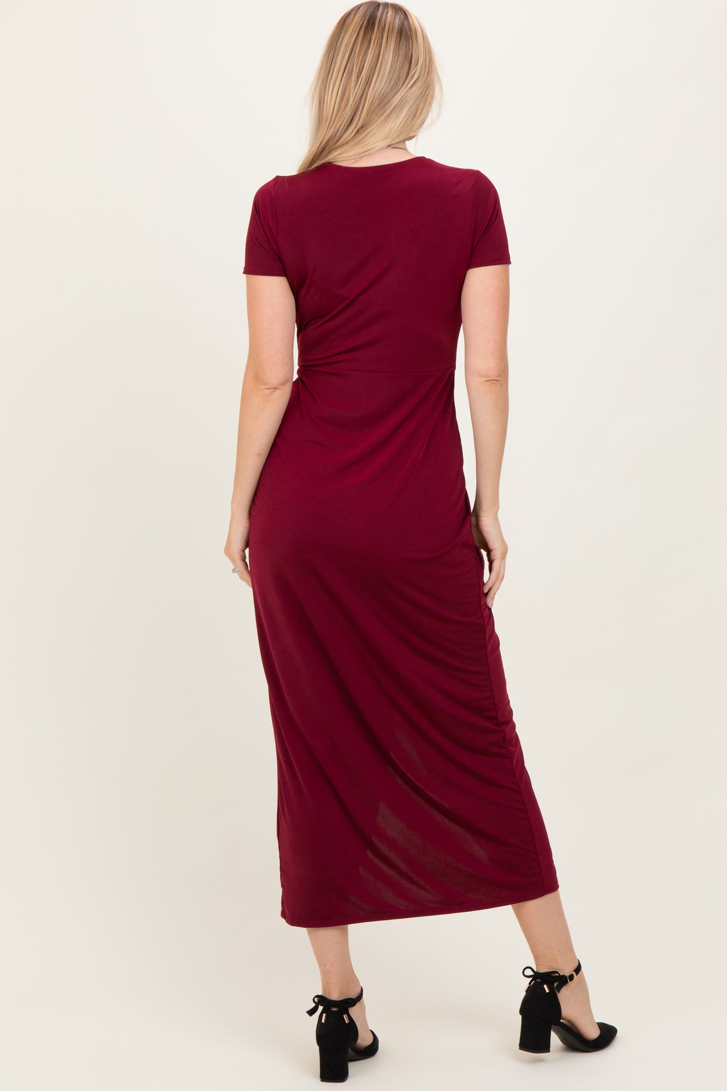 Burgundy Gathered Front Short Sleeve Maxi Dress Burgundy Gathered Front Short Sleeve Maxi Dress