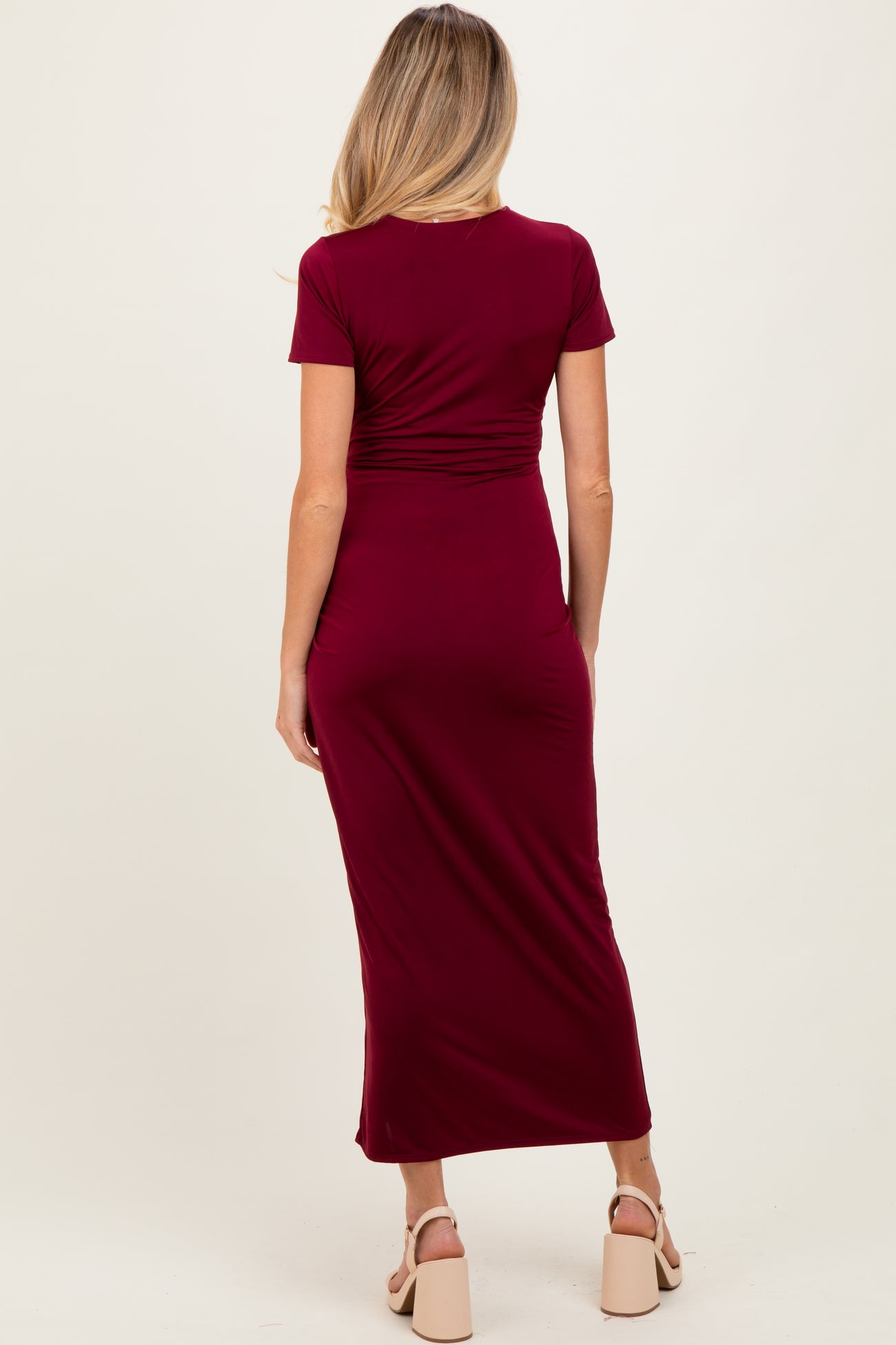 Burgundy Gathered Front Short Sleeve Maternity Maxi Dress – PinkBlush