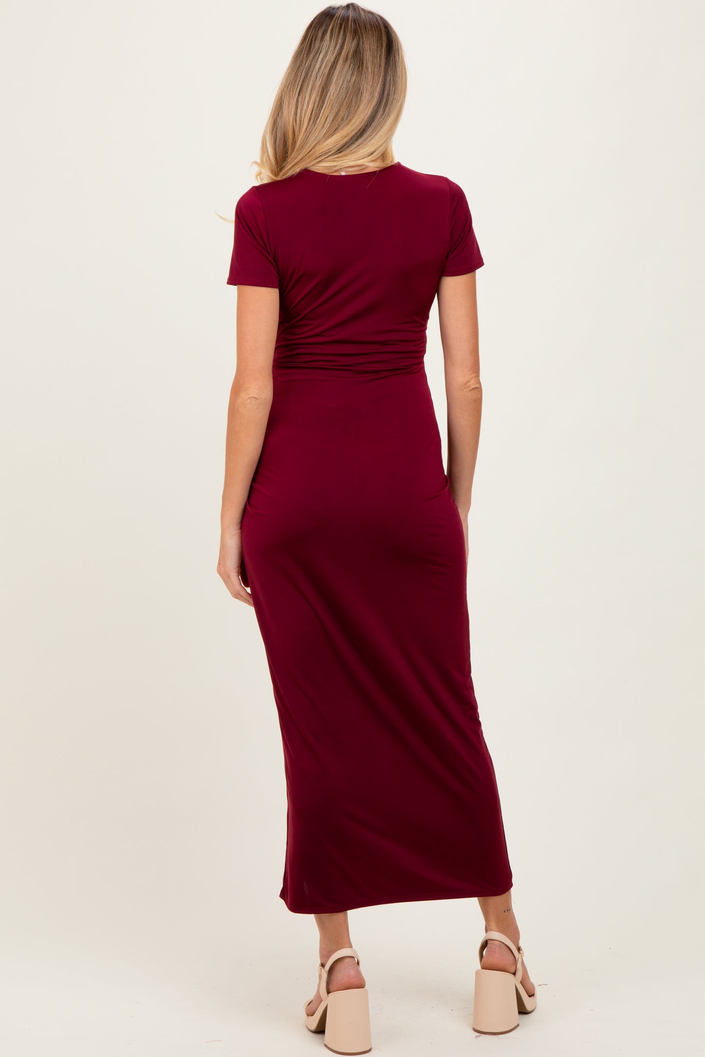 Burgundy Gathered Front Short Sleeve Maternity Maxi Dress