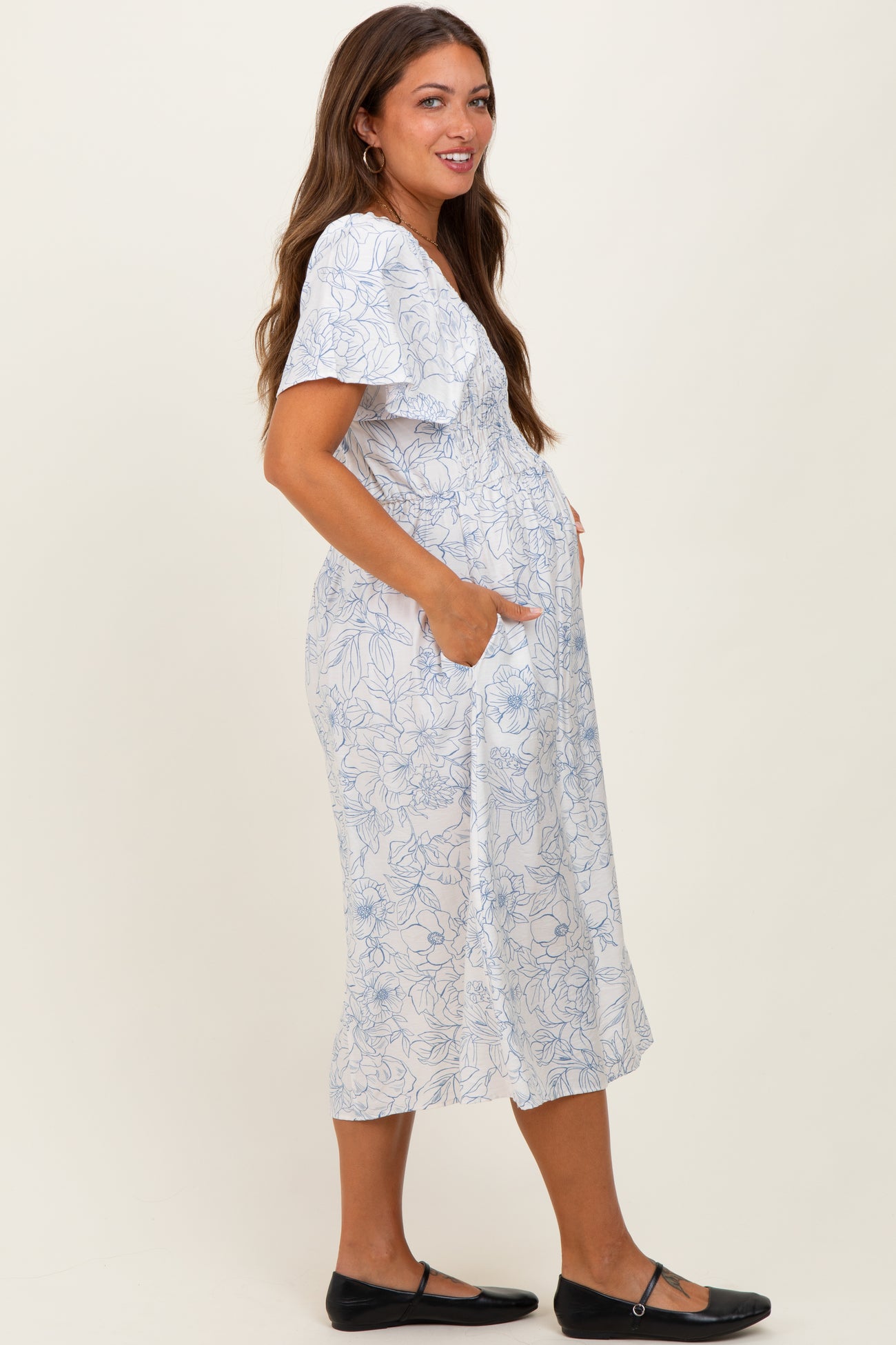 Off White Blue Floral Maternity Dress With Pockets – PinkBlush