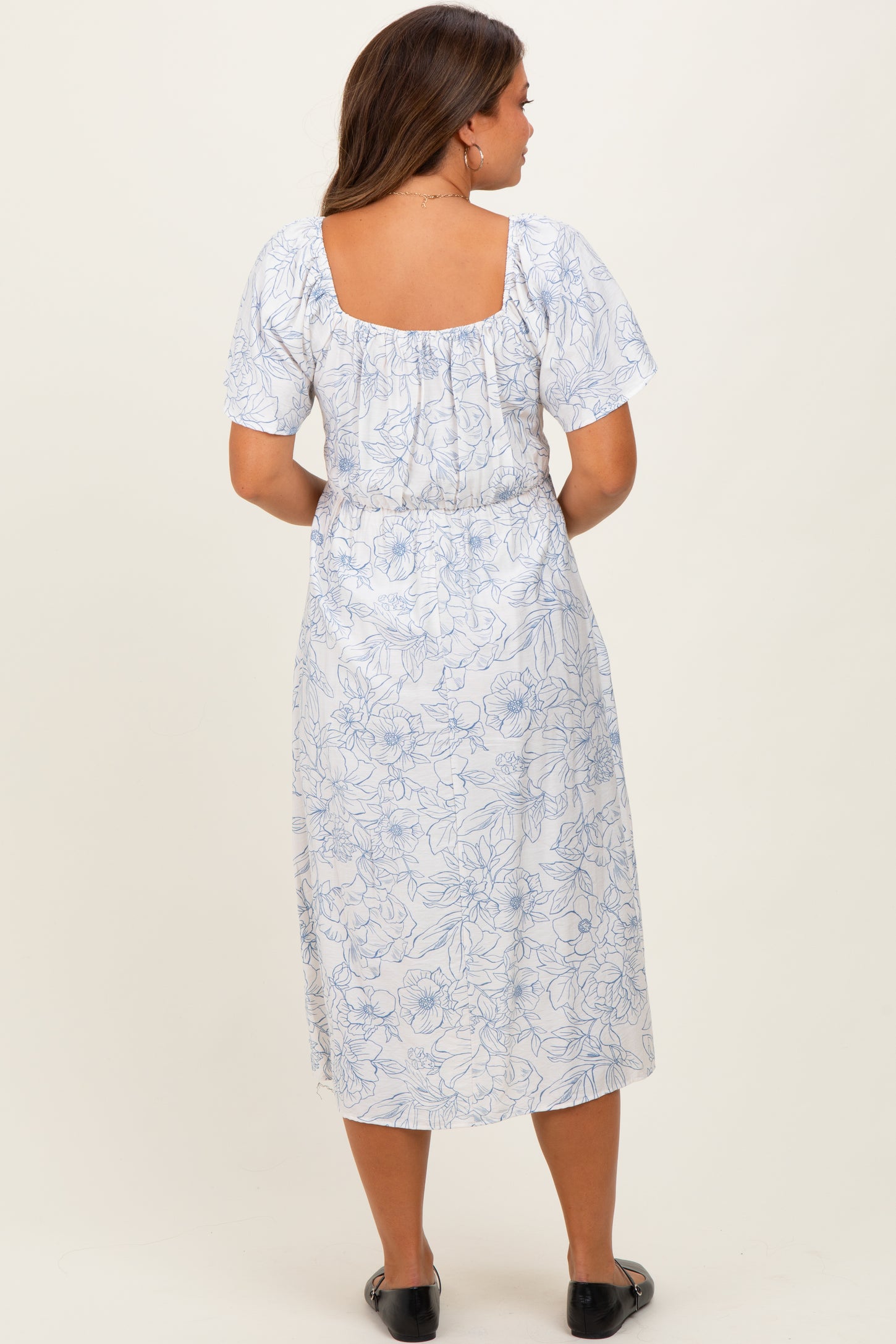 Off White Blue Floral Maternity Dress With Pockets