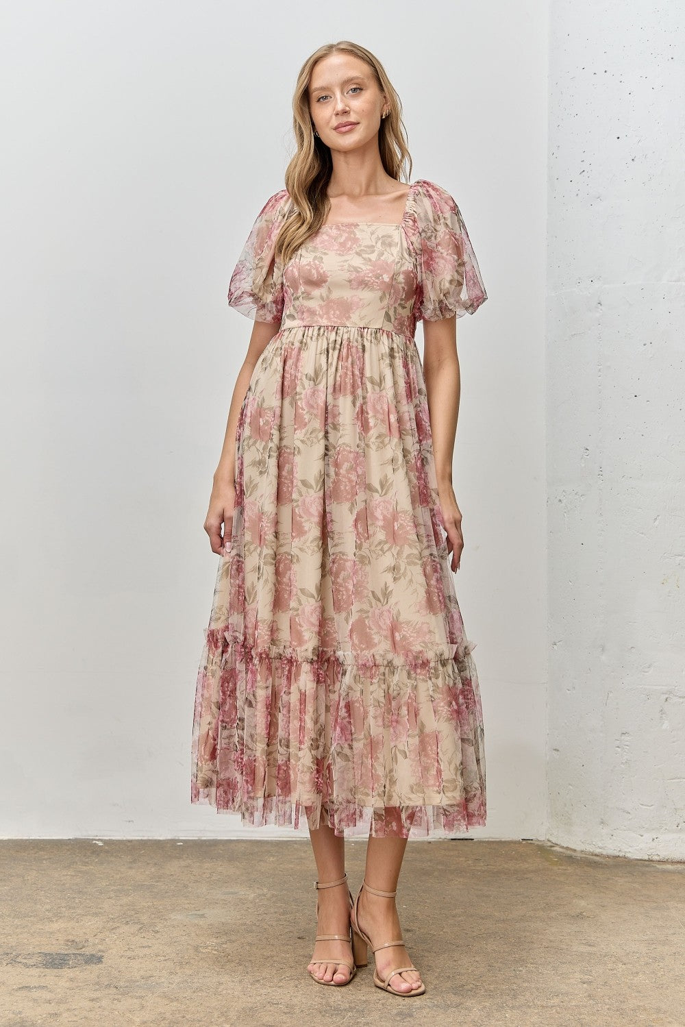 Mauve Floral Printed Tulle Puff Sleeve Maternity Midi Dress