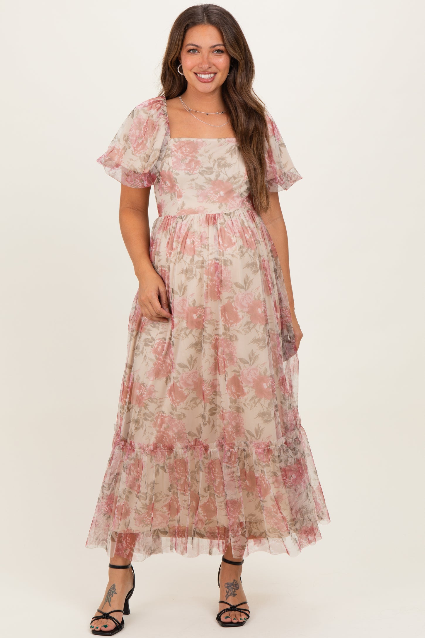 printed tulle midi dress Off-The Shoulder Floral Print Tulle Midi Dress EU46
