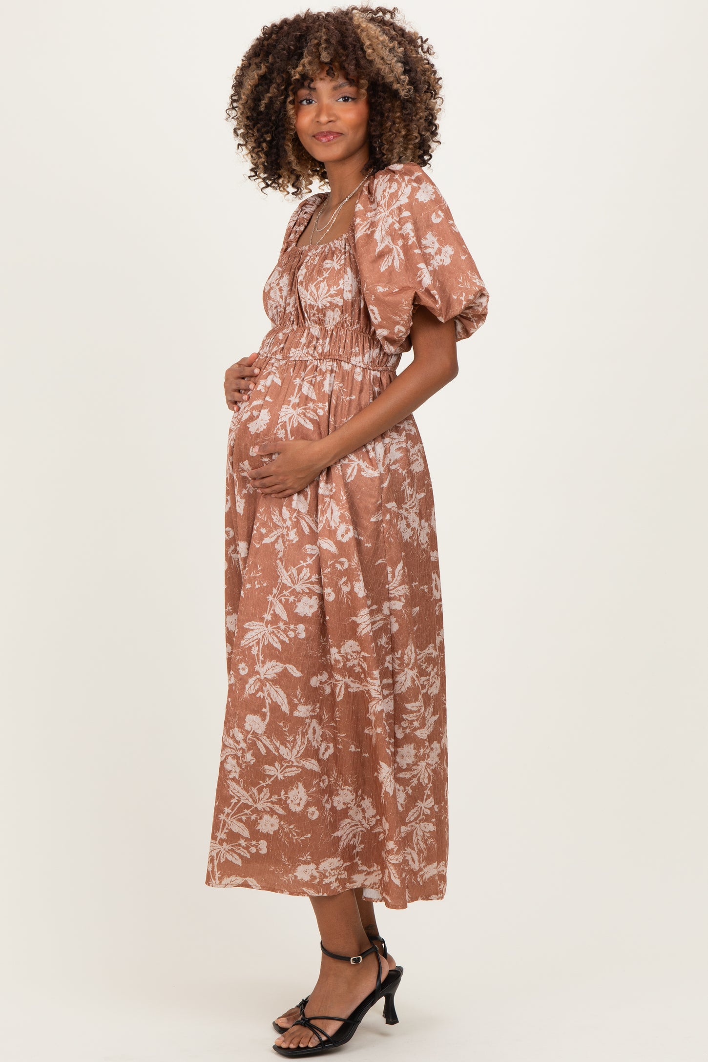 Rust Floral Puff Sleeve Smocked Waist Maternity Midi Dress