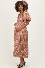 Rust Floral Puff Sleeve Smocked Waist Maternity Midi Dress