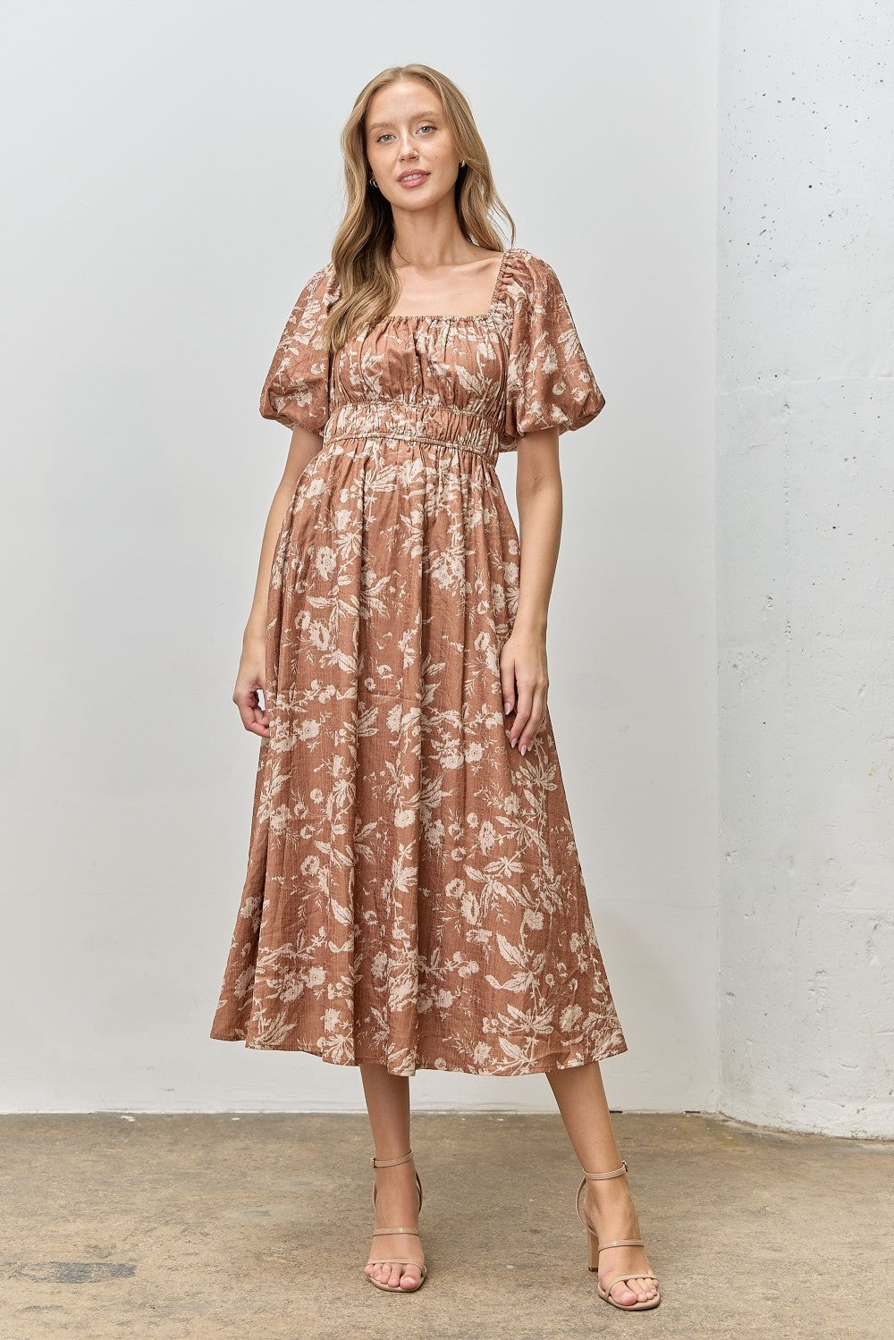 Rust Floral Puff Sleeve Smocked Waist Midi Dress Rust Floral Puff Sleeve Smocked Waist Midi Dress