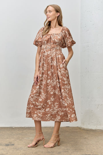 Rust Floral Puff Sleeve Smocked Waist Midi Dress