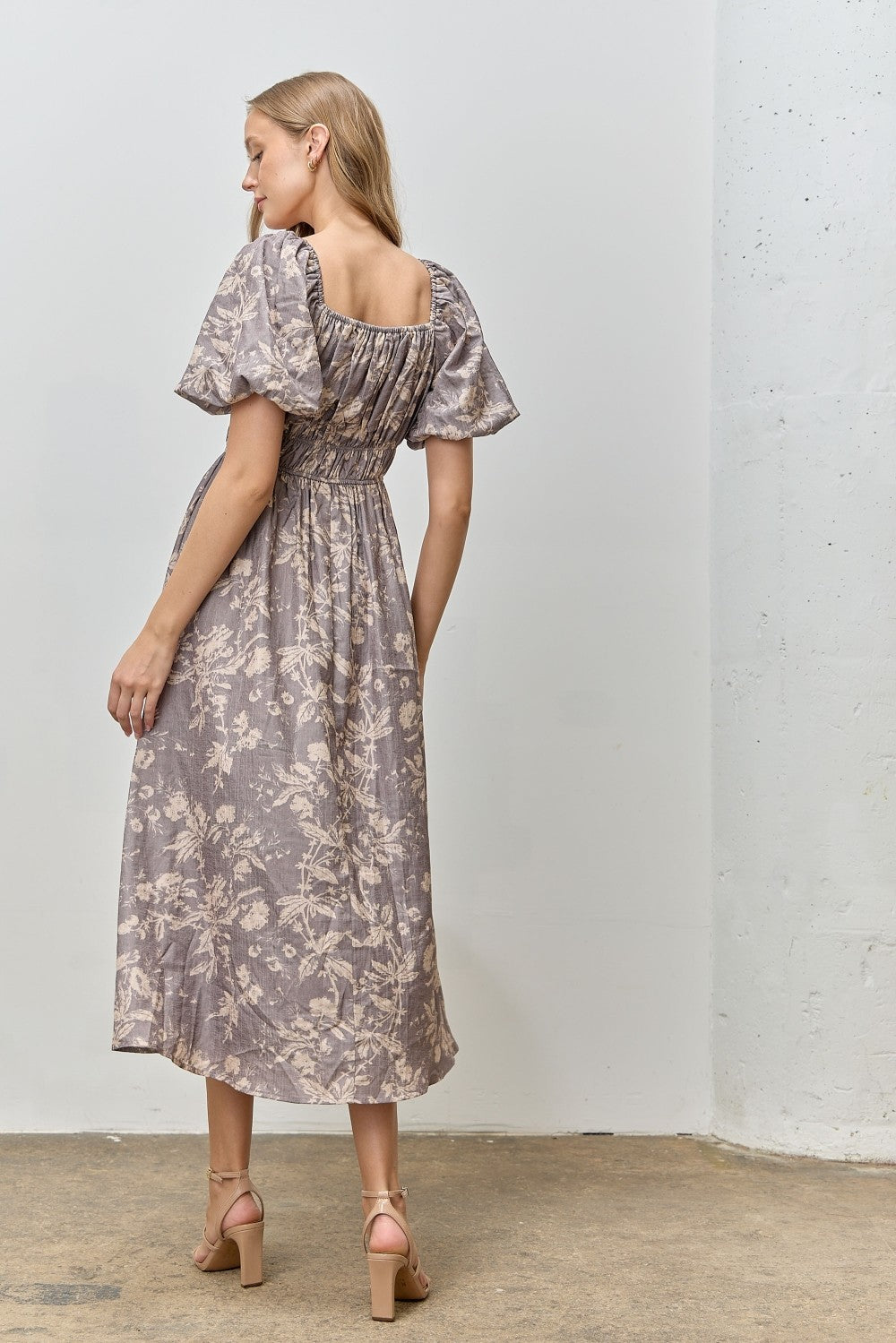 Grey Floral Puff Sleeve Smocked Waist Midi Dress