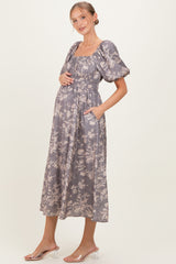 Grey Floral Puff Sleeve Smocked Waist Maternity Midi Dress