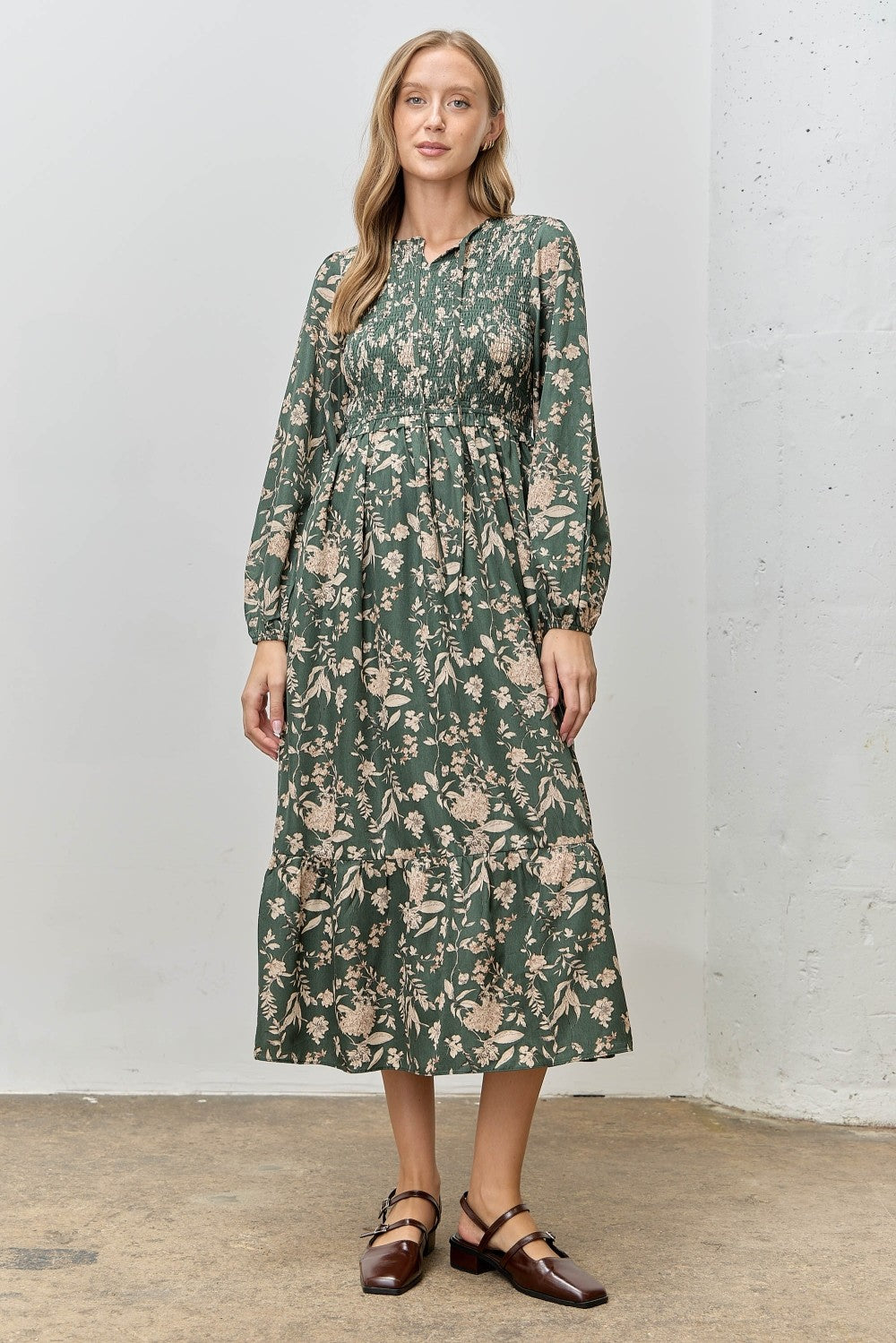 Green Floral Smocked Long Sleeve Maternity Midi Dress Green Floral Smocked Long Sleeve Maternity Midi Dress