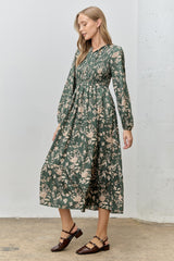 Green Floral Smocked Long Sleeve Midi Dress