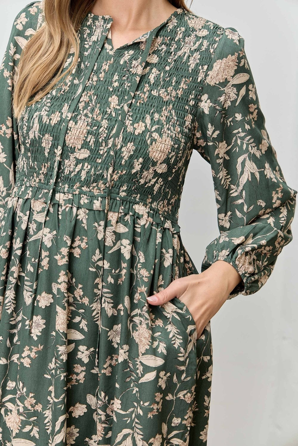 Green Floral Smocked Long Sleeve Midi Dress
