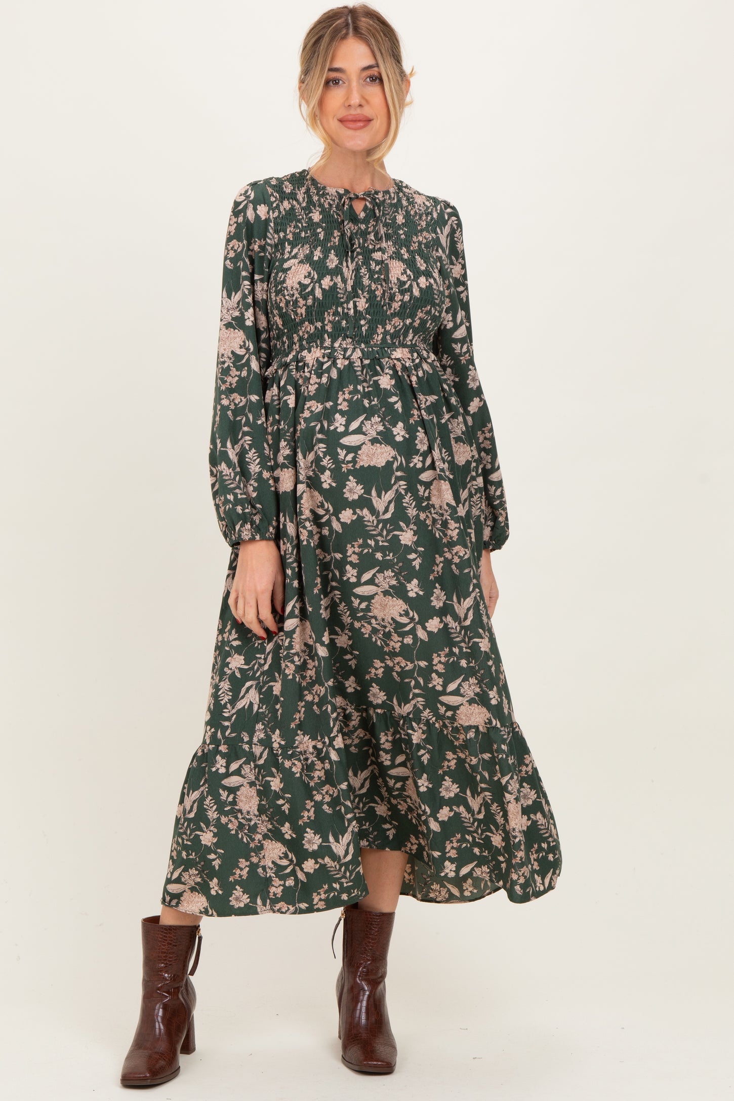 Green Floral Smocked Long Sleeve Maternity Midi Dress