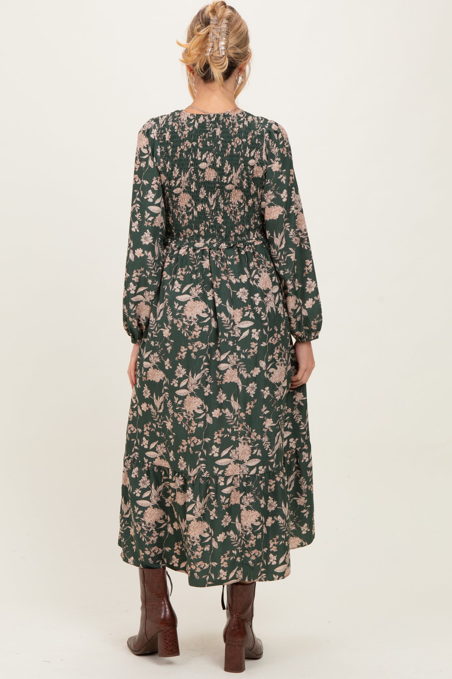 Green Floral Smocked Long Sleeve Maternity Midi Dress
