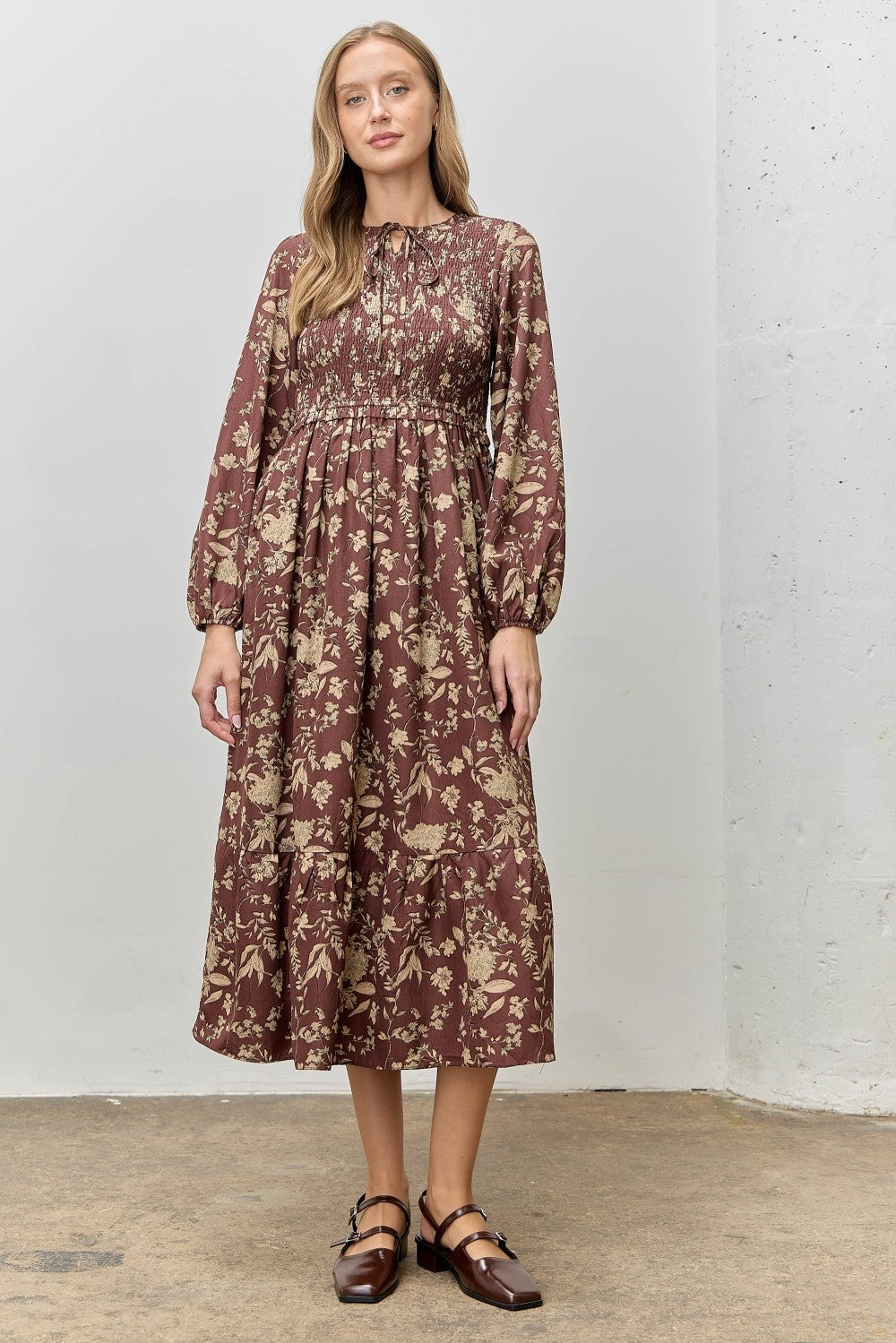 Brown Floral Smocked Long Sleeve Maternity Midi Dress