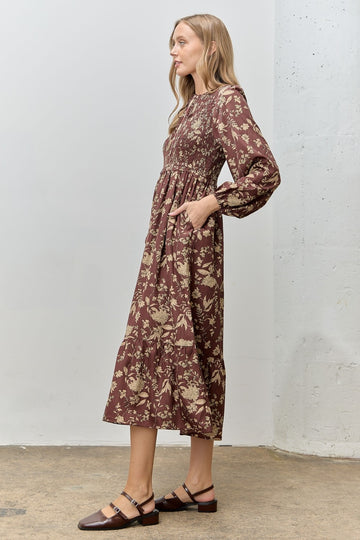 Brown Floral Smocked Long Sleeve Midi Dress