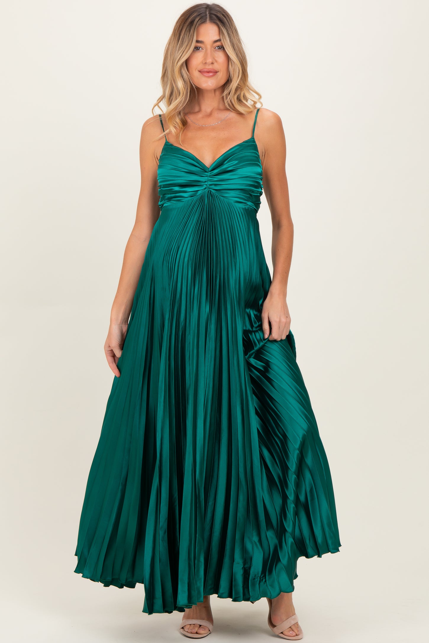 Forest Green Pleated Satin Sleeveless Maternity Maxi Dress
