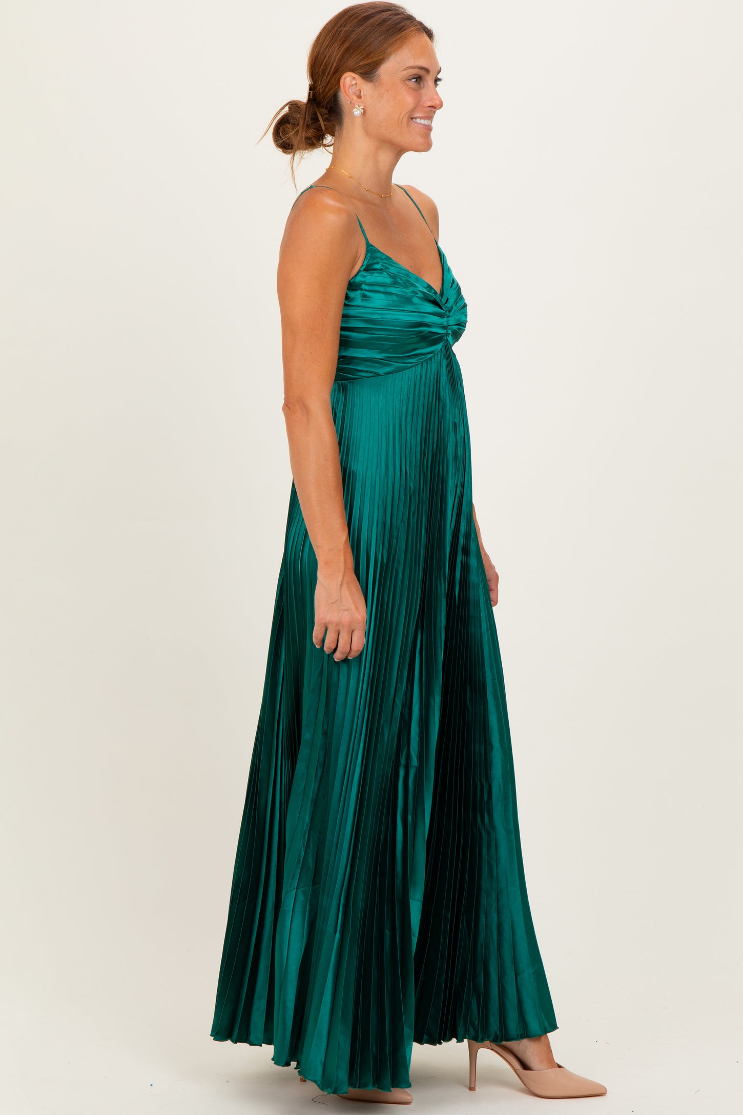 Forest Green Pleated Satin Sleeveless Maxi Dress