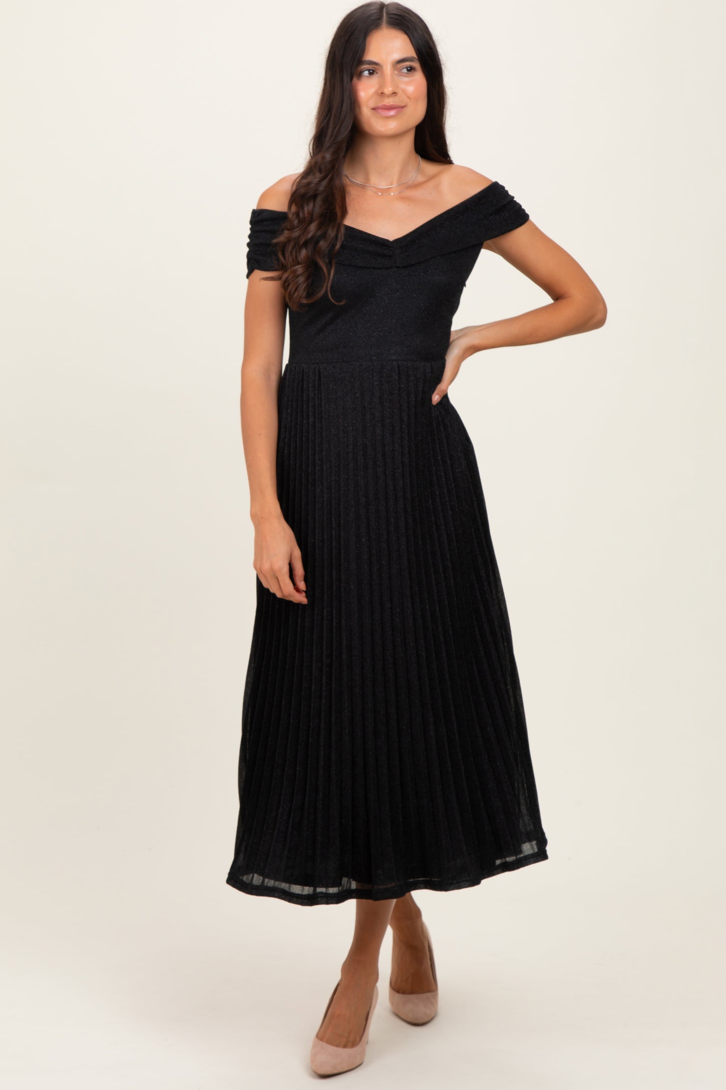 Black Shimmer Off Shoulder Pleated Midi Dress Black Shimmer Off Shoulder Pleated Midi Dress