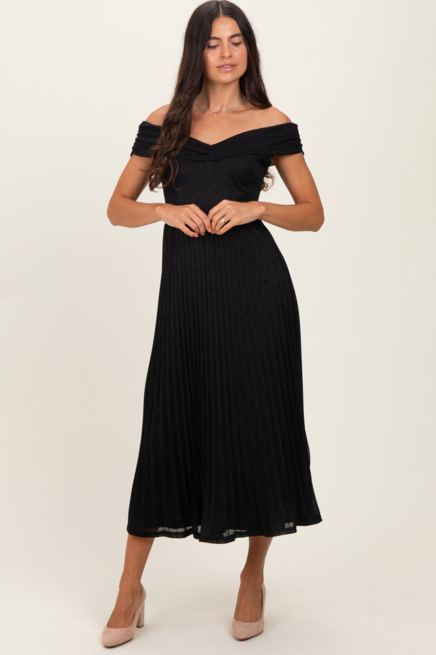 Black Shimmer Off Shoulder Pleated Midi Dress PinkBlush Black Shimmer Off Shoulder Pleated Midi Dress PinkBlush