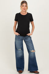 Navy Distressed Open Knee Baggy Wide Leg Maternity Jeans