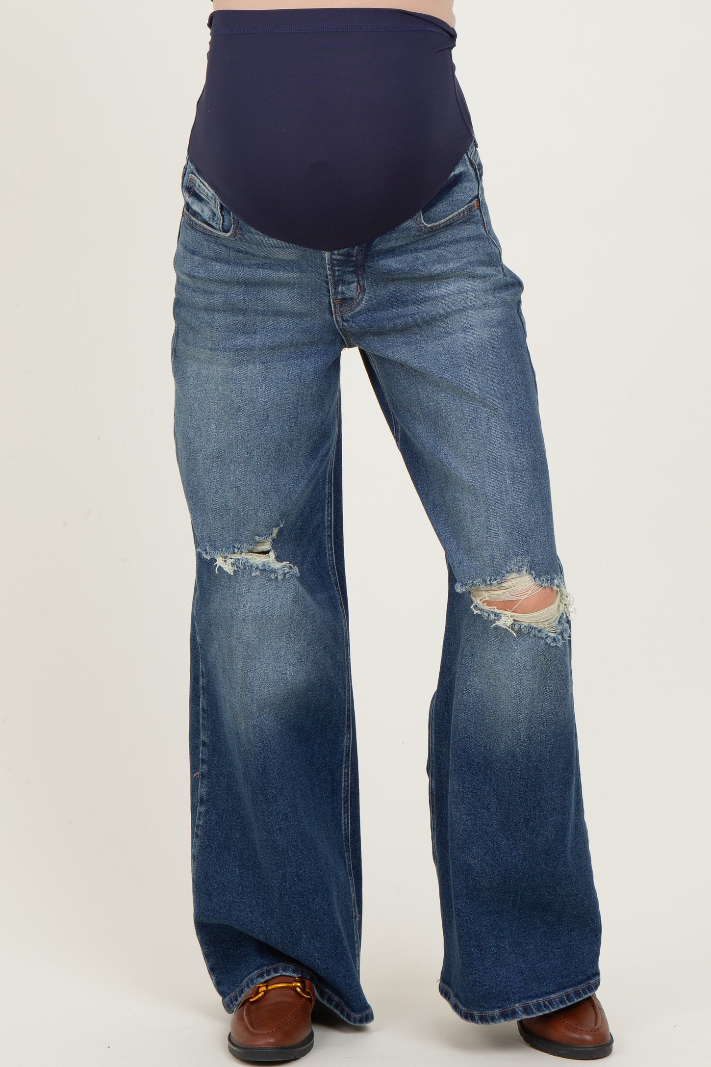 Navy Distressed Open Knee Baggy Wide Leg Maternity Jeans