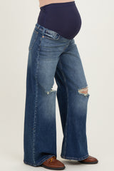 Navy Distressed Open Knee Baggy Wide Leg Maternity Jeans