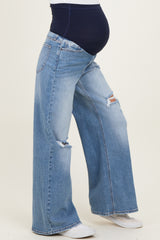 Blue Distressed Open Knee Baggy Wide Leg Maternity Jeans