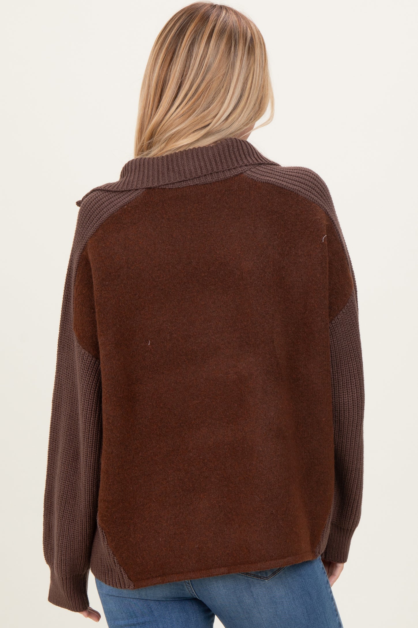 Brown Colorblock Half Zip Pullover Sweater