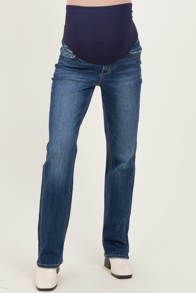 maternity wear dark blue straight leg jeans with a navy belly panel