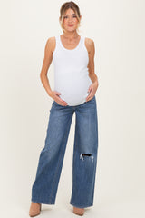 Blue Distressed Open Knee Wide Leg Maternity Jeans