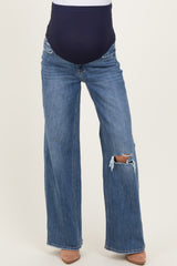 Blue Distressed Open Knee Wide Leg Maternity Jeans