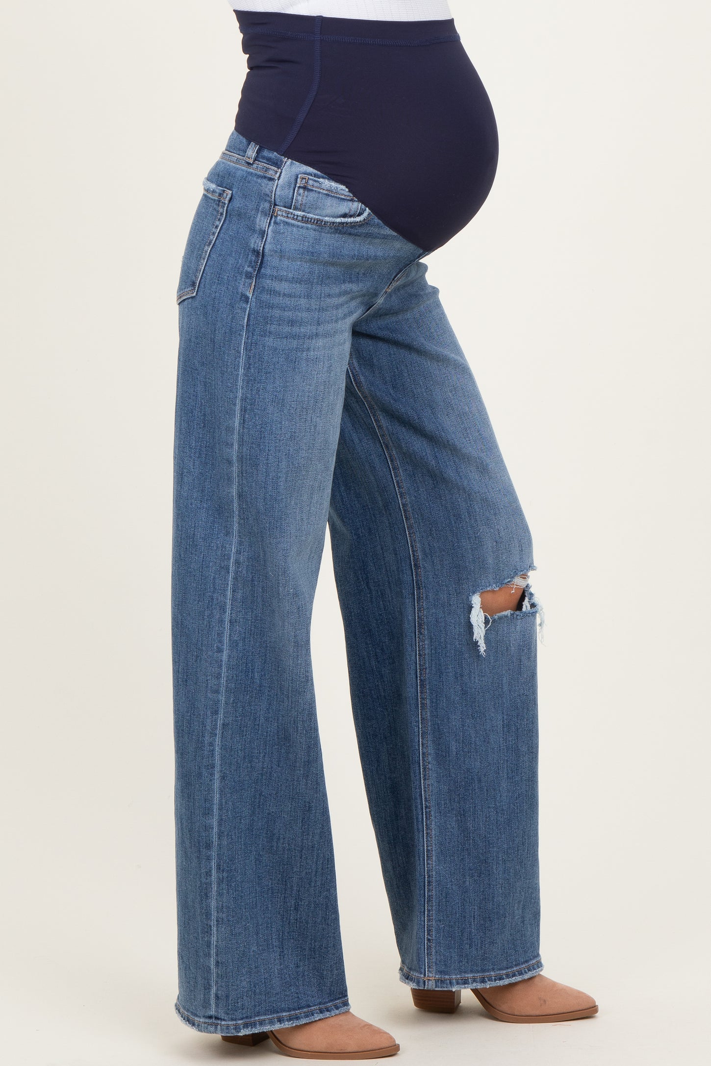 Blue Distressed Open Knee Wide Leg Maternity Jeans