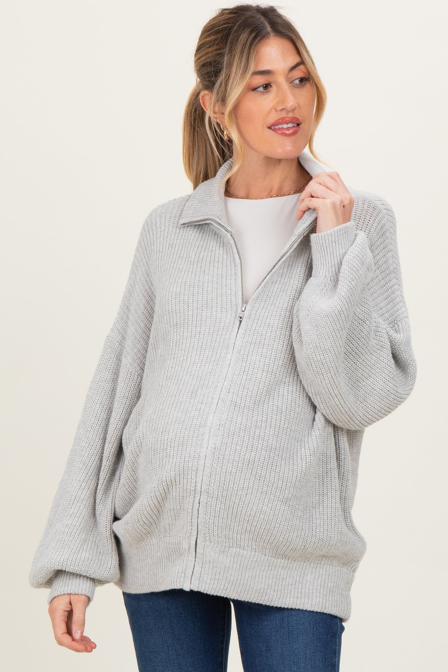 Heather Grey Oversized Zip Up Maternity Cardigan