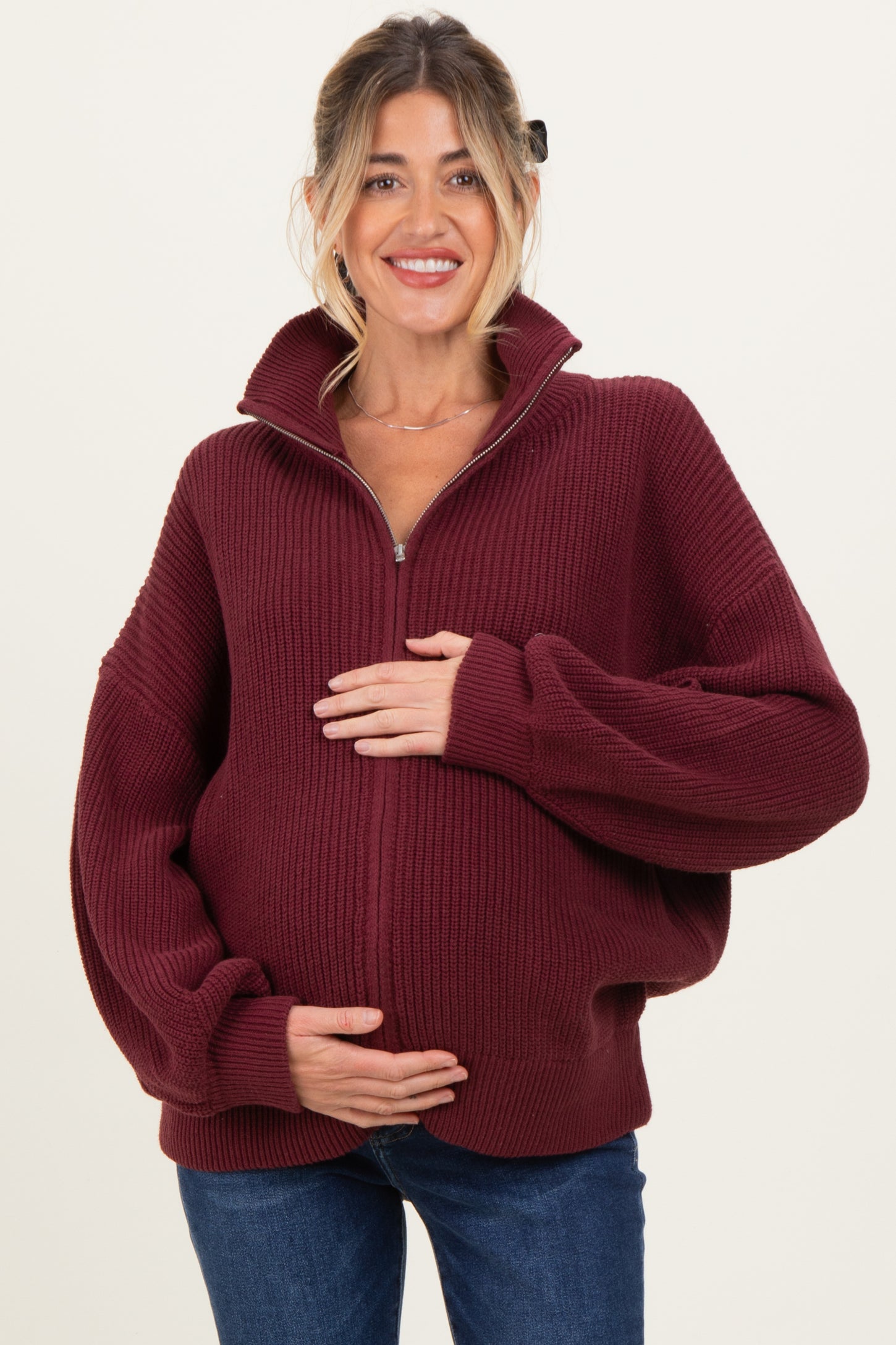 Burgundy Oversized Zip Up Maternity Cardigan