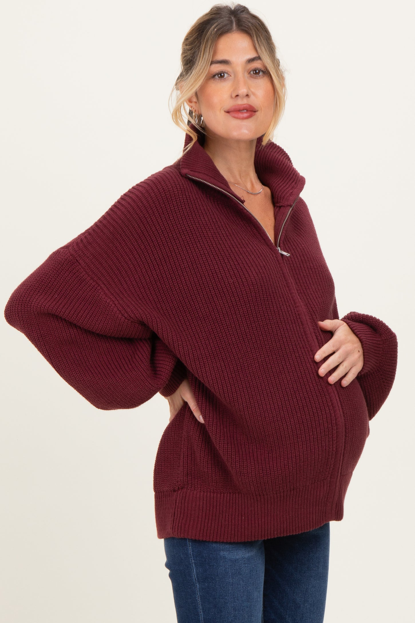 Burgundy Oversized Zip Up Maternity Cardigan