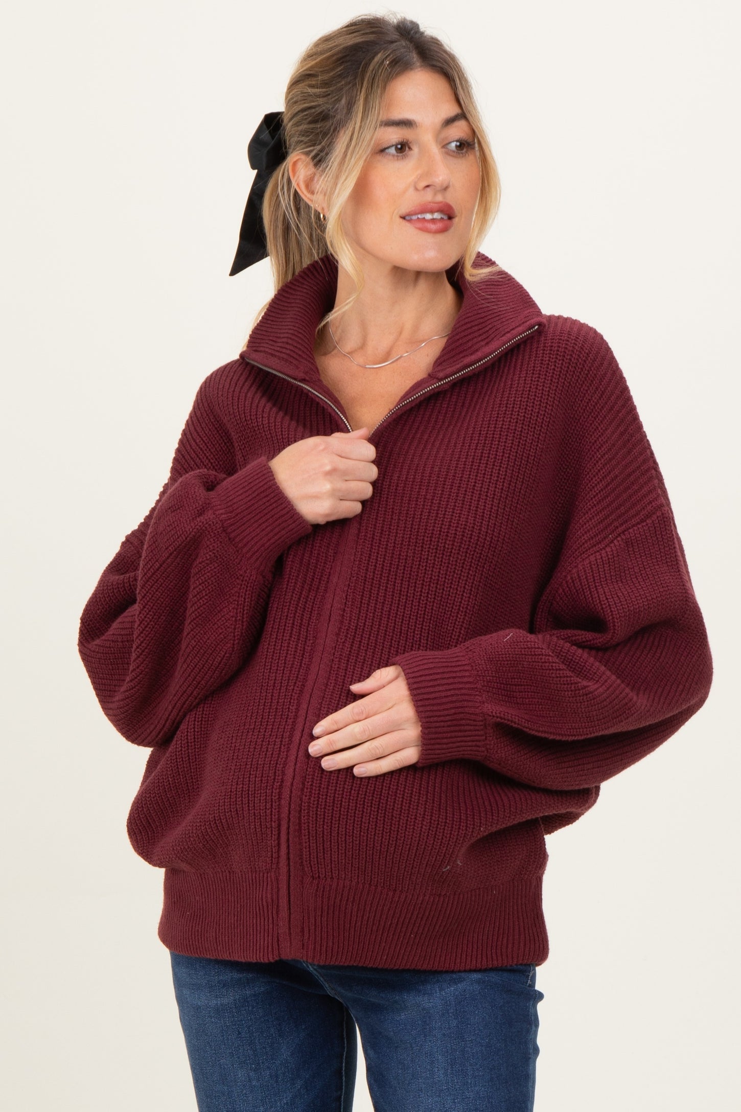 Burgundy Oversized Zip Up Maternity Cardigan
