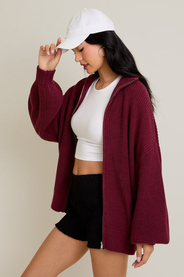 Burgundy Oversized Zip Up Cardigan