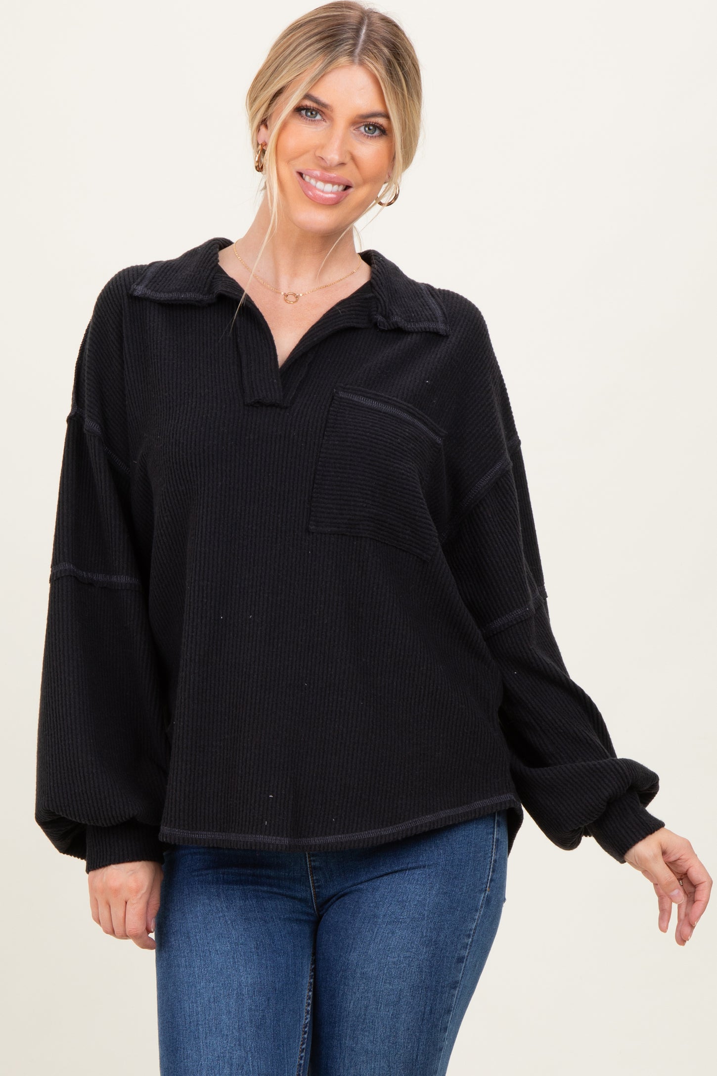 Black Solid Ribbed Long Sleeve Pocketed Collared V-Neck Top