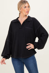 Black Solid Ribbed Long Sleeve Pocketed Collared V-Neck Top