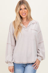 Beige Solid Ribbed Long Sleeve Pocketed Collared V-Neck Maternity Top