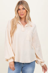 Cream Solid Ribbed Long Sleeve Pocketed Collared V-Neck Top