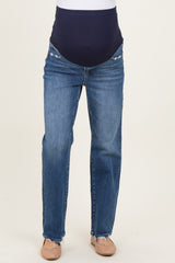 Blue Lightly Distressed Straight Leg Maternity Jeans
