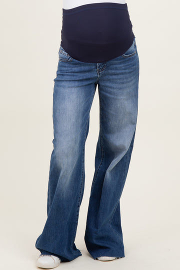 Blue Baggy Raw Hem Wide Leg Maternity Jeans