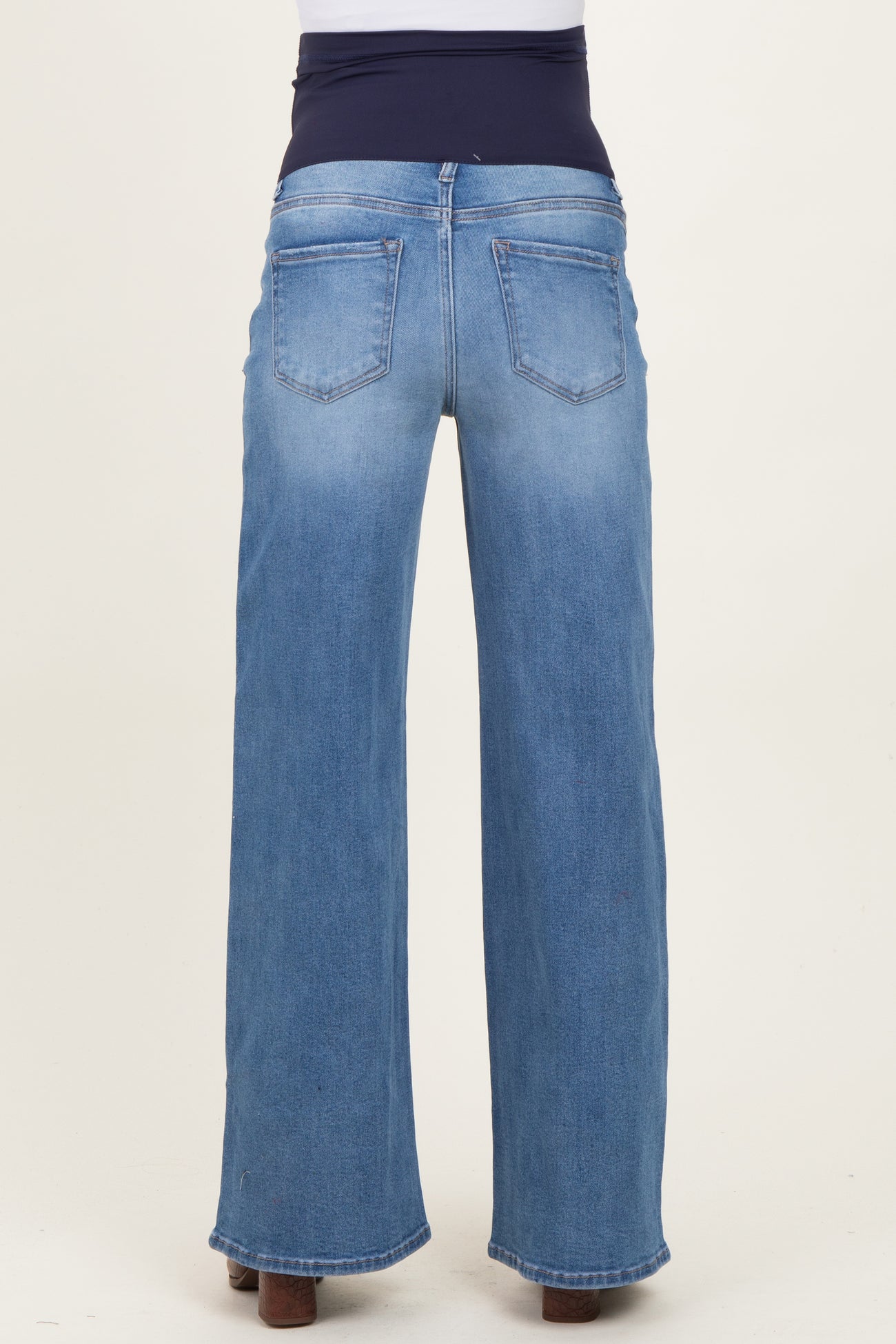 maternity wear light blue wide leg jeans with a multi-panel belly band, view from the back